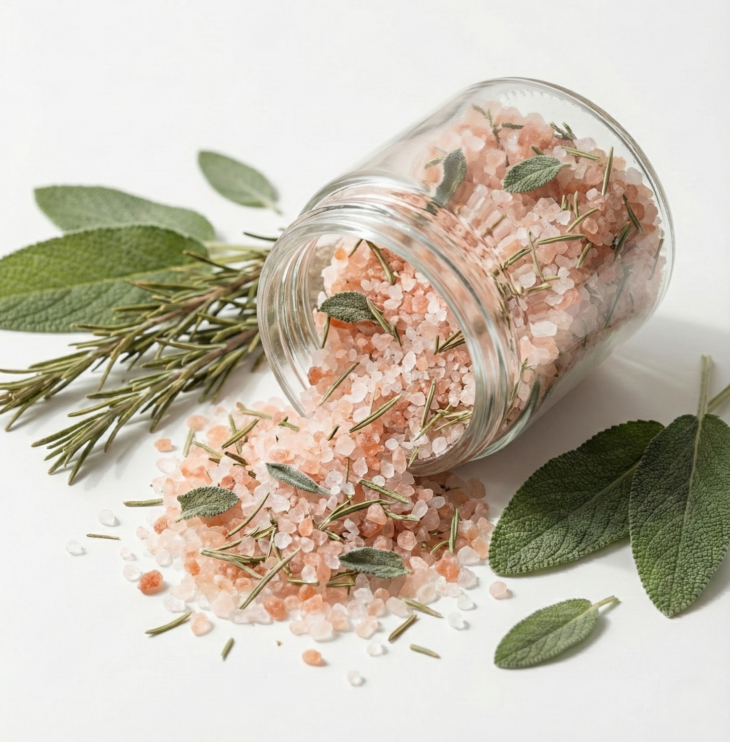Rosemary bath salts in a glass jar surrounded by fresh green herbs for a natural spa aesthetic.