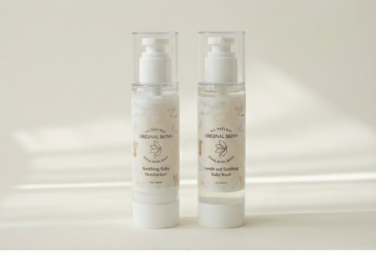 Original Skinn Bedtime Bundle set featuring Gentle Baby Wash and Soothing Moisturiser bottles side by side.