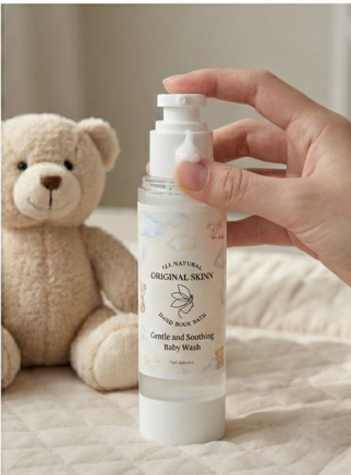 Bottle of Original Skinn natural baby moisturiser showing creamy, hydrating texture for dry infant skin.
