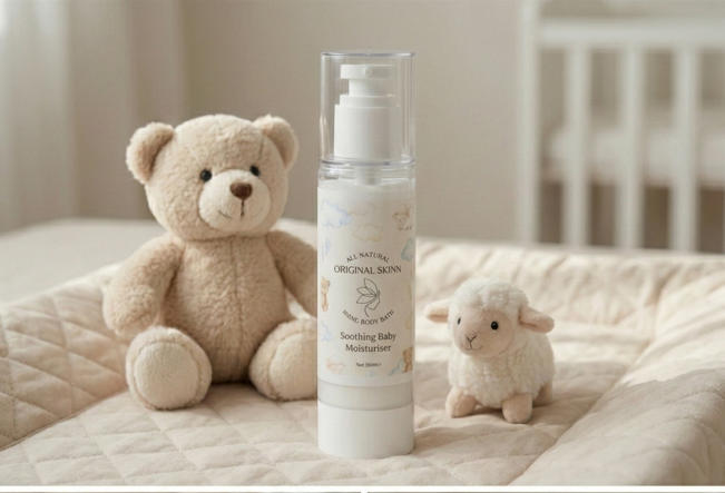 Original Skinn baby moisturiser bottle placed in a bright, soft-lit nursery setting.