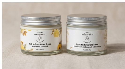 Original Skinn facial skincare bundle showing Light and Rich moisturiser glass jars side by side.