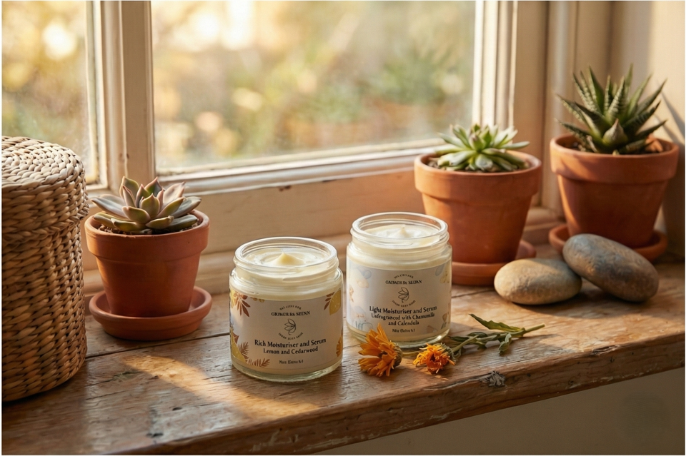 Original Skinn facial skincare bundle showing Light and Rich moisturiser glass jars side by side on a wooden windowsill in a modern cottage.