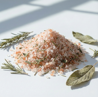 Pile of mineral-rich Himalayan bath salts infused with Rosemary and Clary Sage essential oils.