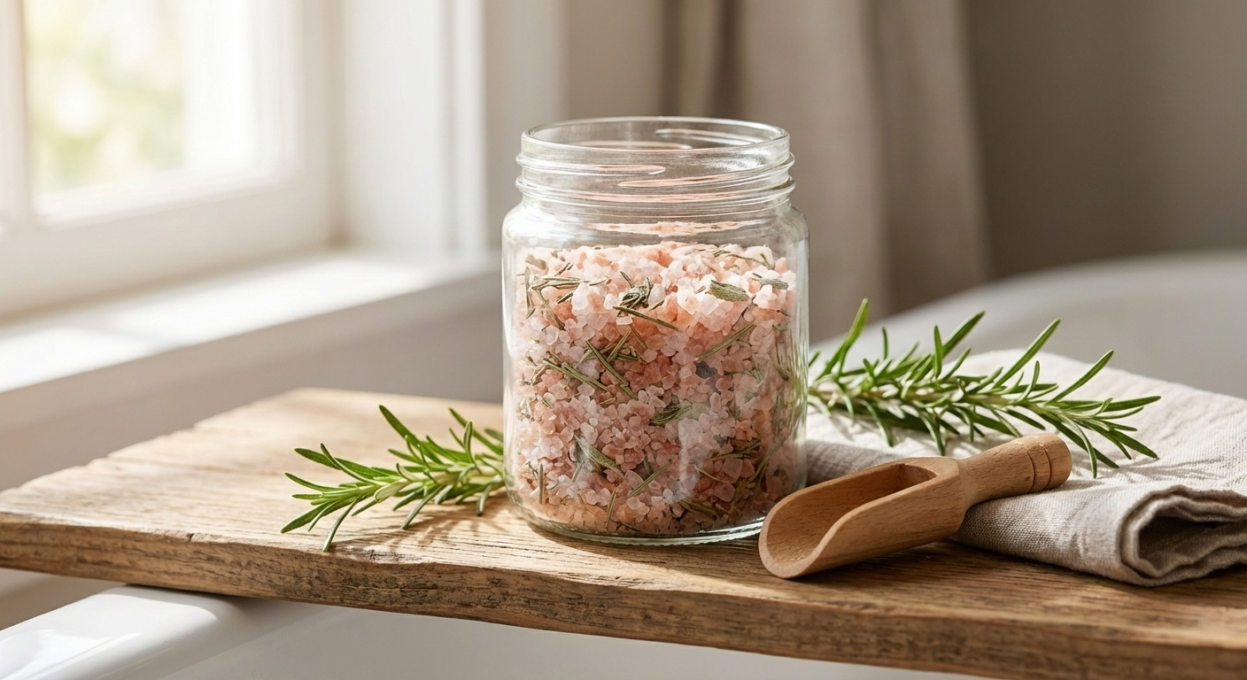 Rosemary bath salts in a glass jar surrounded by fresh green herbs on a shelf across the bathtub.