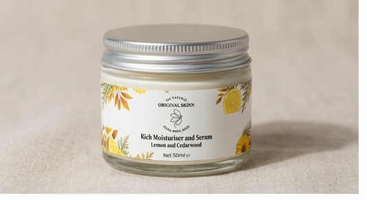 Original Skinn Rich Moisturiser and Serum 50ml glass jar with aluminium lid featuring lemon and cedarwood botanical label.