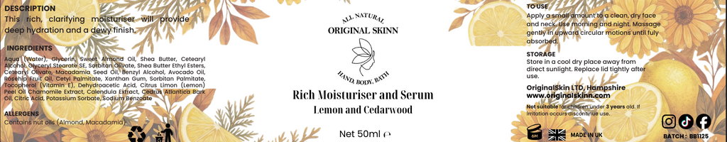 Original Skinns Rich moisturiser product label featuring ingredients, allergens, how to use and storage information. Label depicts lemon and chamomile background scenery.