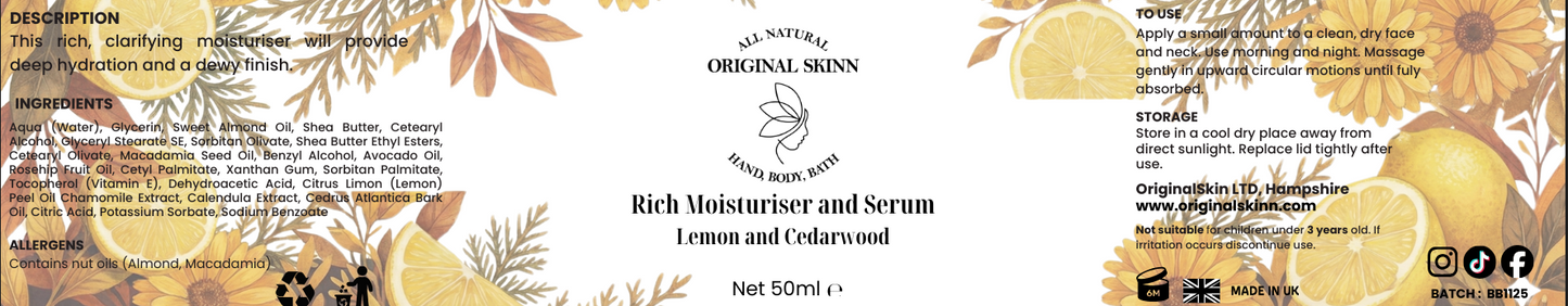 Original Skinns Rich moisturiser product label featuring ingredients, allergens, how to use and storage information. Label depicts lemon and chamomile background scenery.