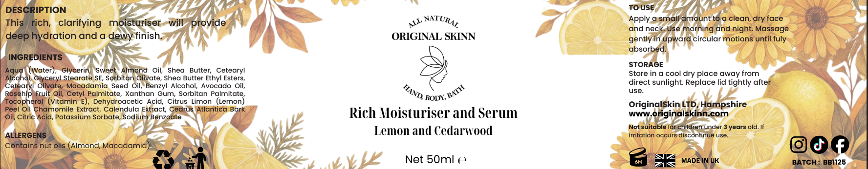 Original Skinns Rich moisturiser product label featuring ingredients, allergens, how to use and storage information. Label depicts lemon and chamomile background scenery.