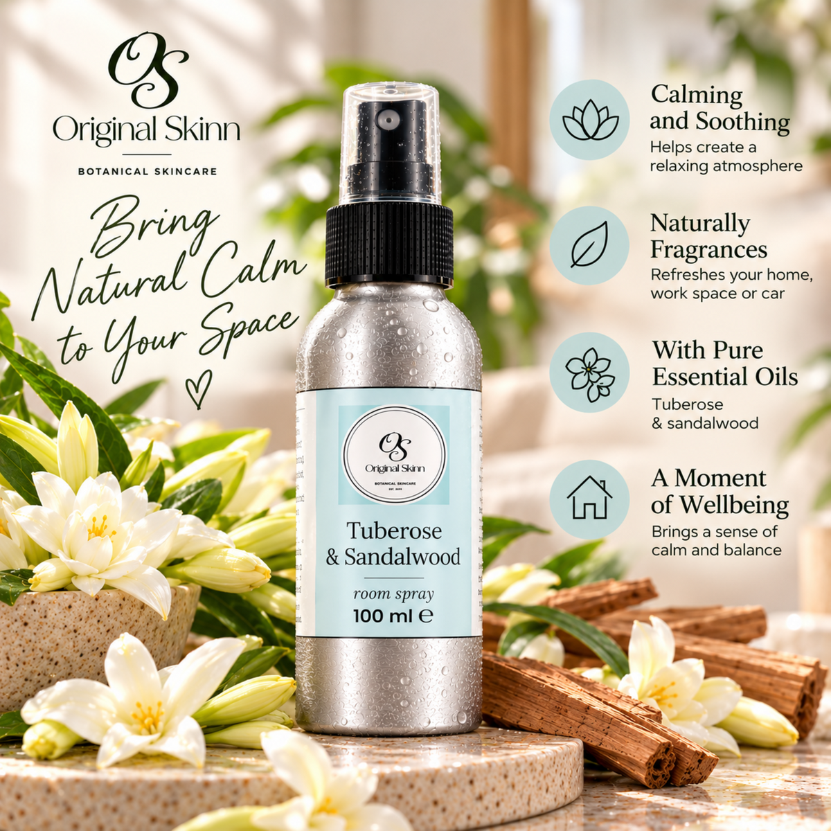 Tuberose & Sandalwood Room Spray with Essential Oils & Absolutes