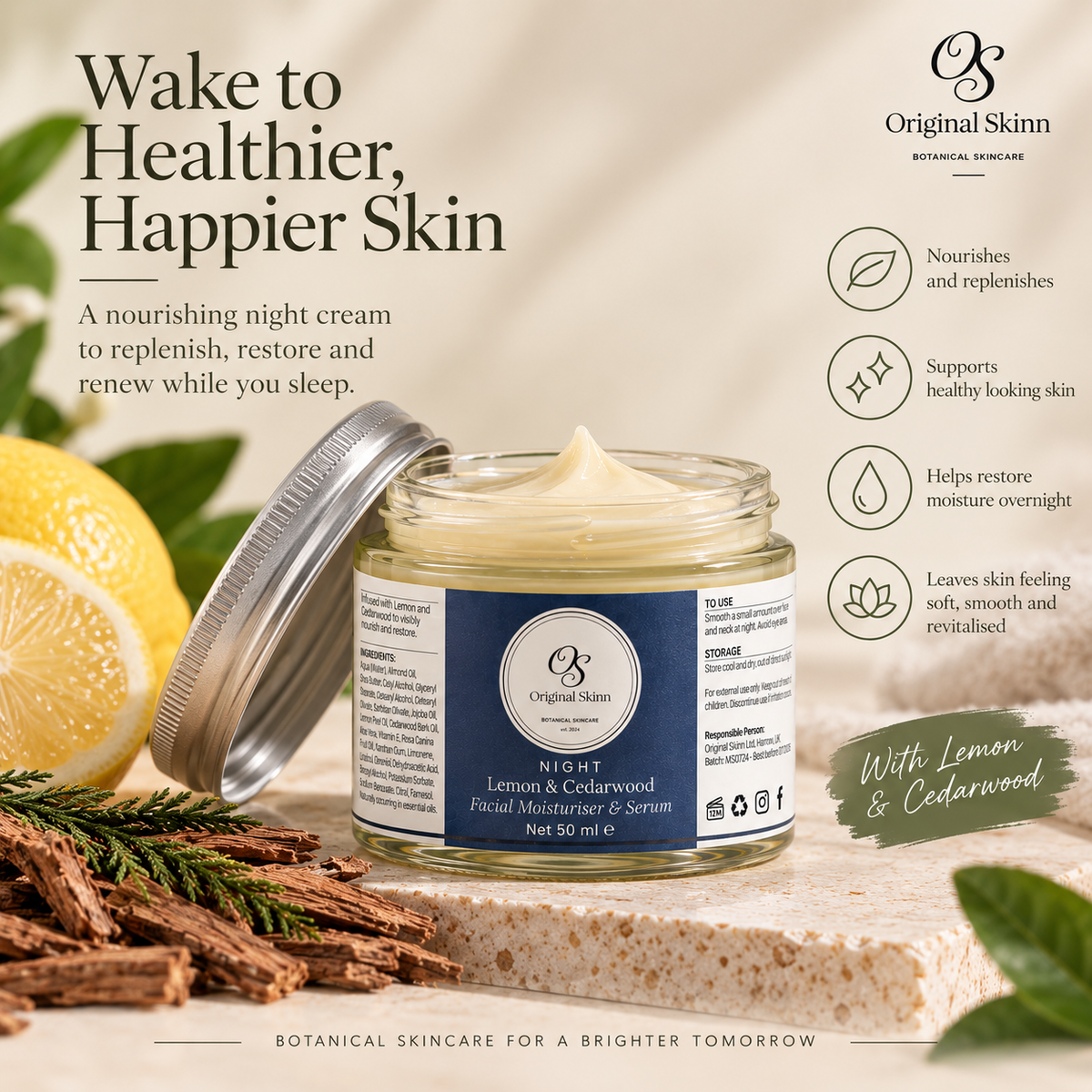 Night Facial Moisturiser & Serum – Lemon & Cedarwood