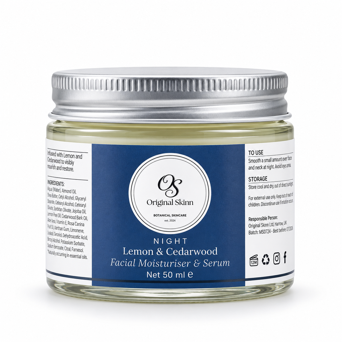 Night Facial Moisturiser & Serum – Lemon & Cedarwood