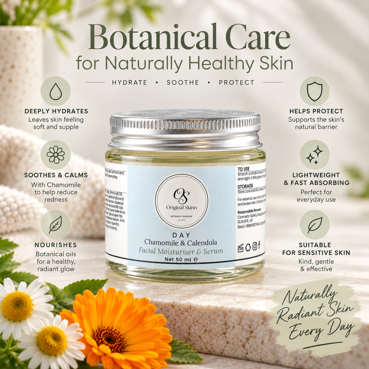 Day Facial Moisturiser & Serum – Chamomile & Calendula